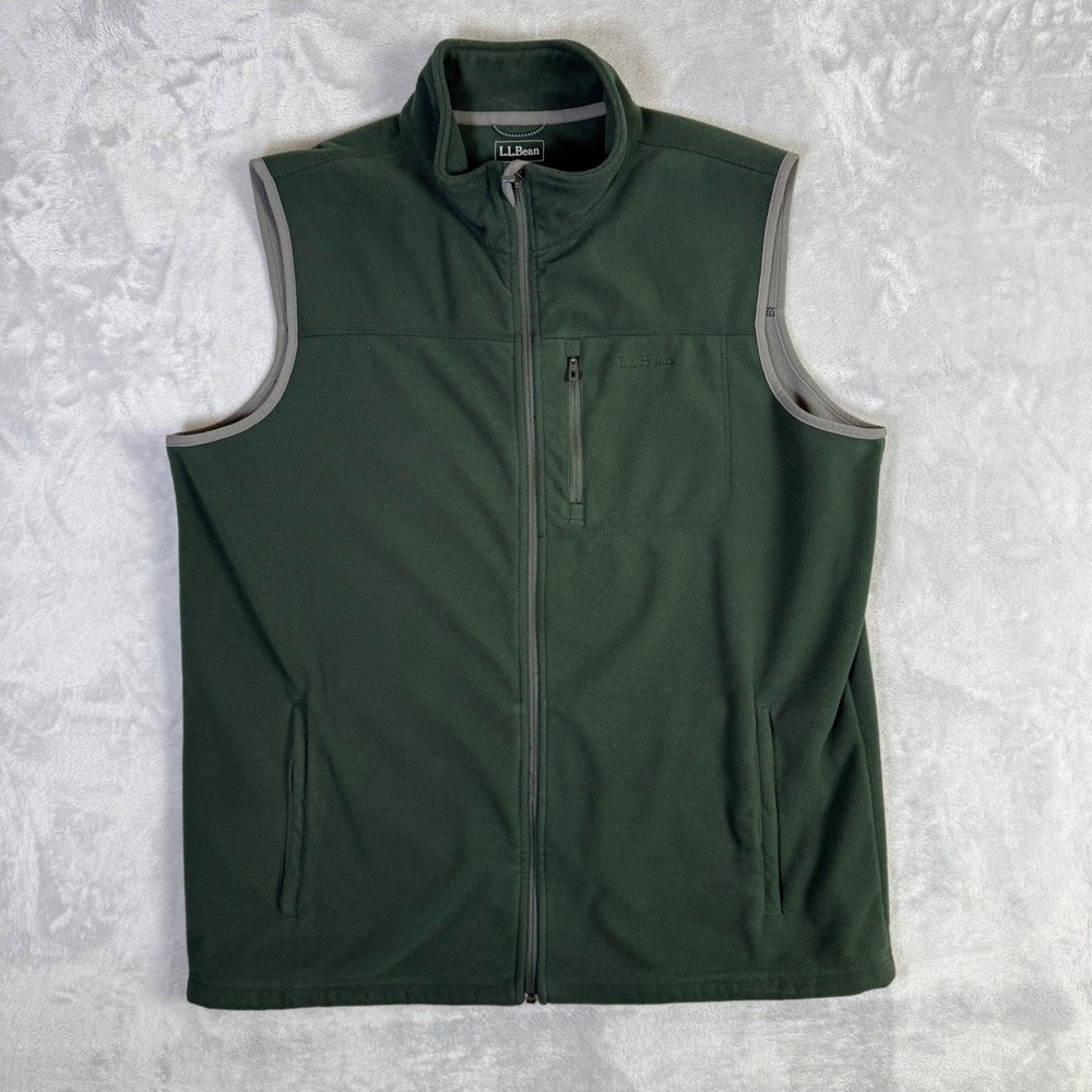 L.L.Bean Fleece Vest Mens Large Tall Green Full Zip Mock Neck Pockets 248584